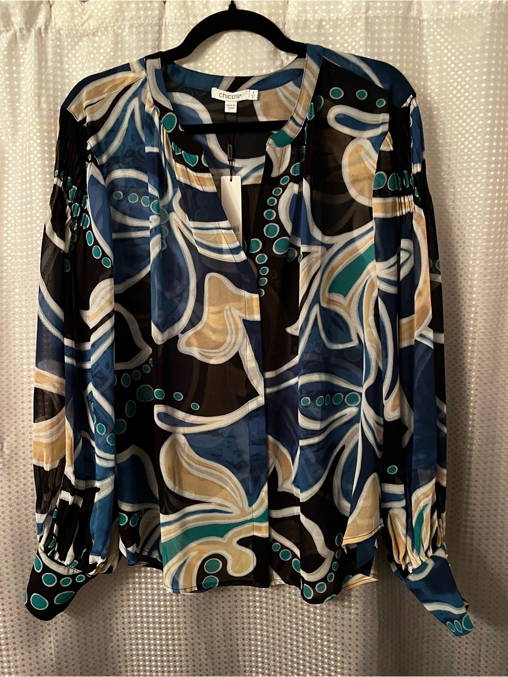 Chico's Blue, Black & Cream Abstract Print Long-Sleeve Blouse